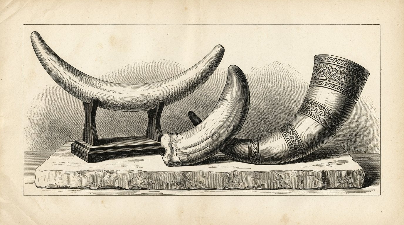 Wood engraving of three trophies: a walrus tusk on a stand, a large fang, and a banded drinking horn